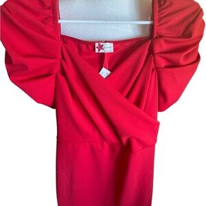 Blue Leopard Puff Sleeve Dress in Red.